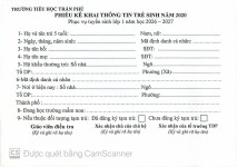 Trường Tiểu học Trần Phú gửi Phiếu kê khai thông tin học sinh đầu cấp.